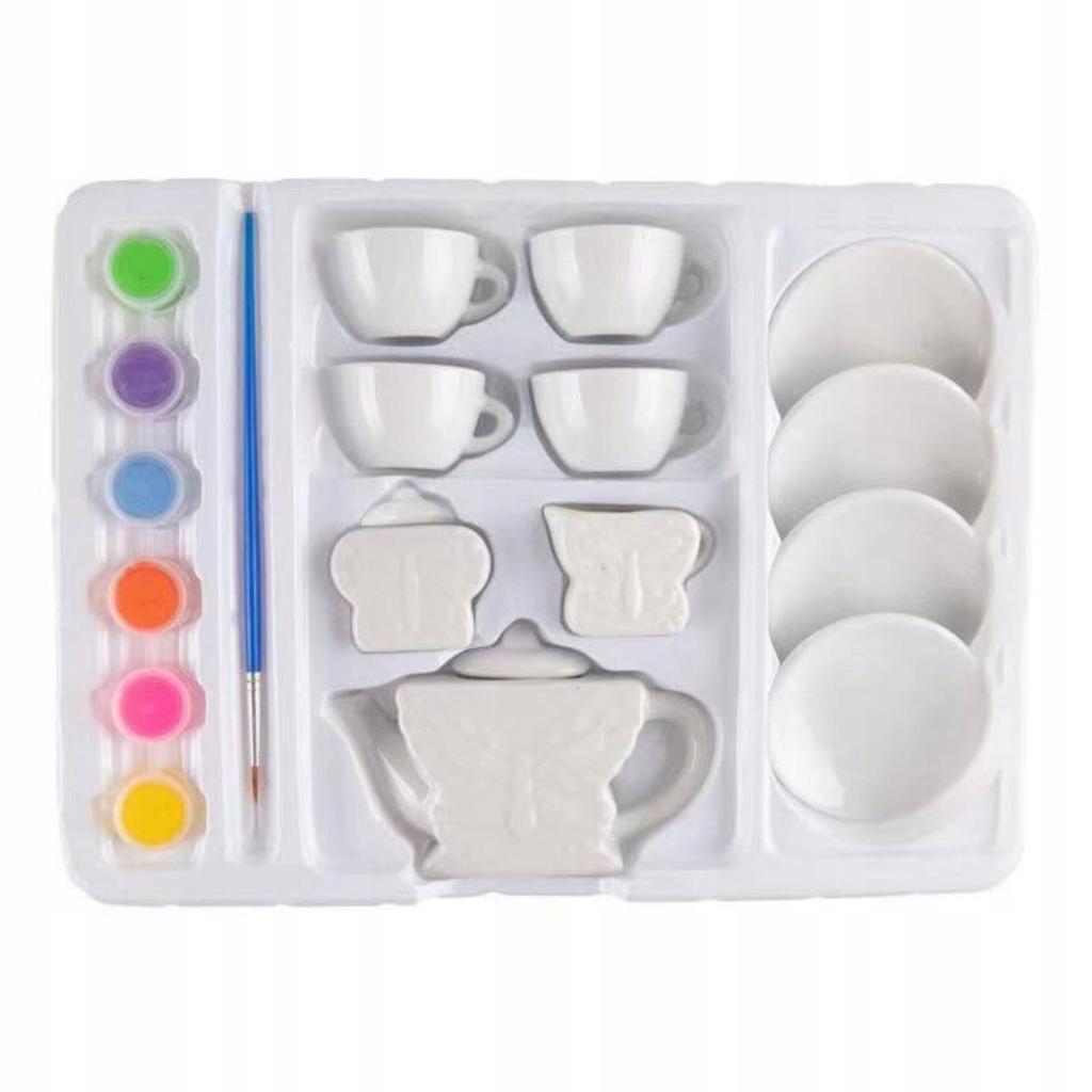 Tea Set Painting Cups Butterflies Plaster Figures Plaster Paints