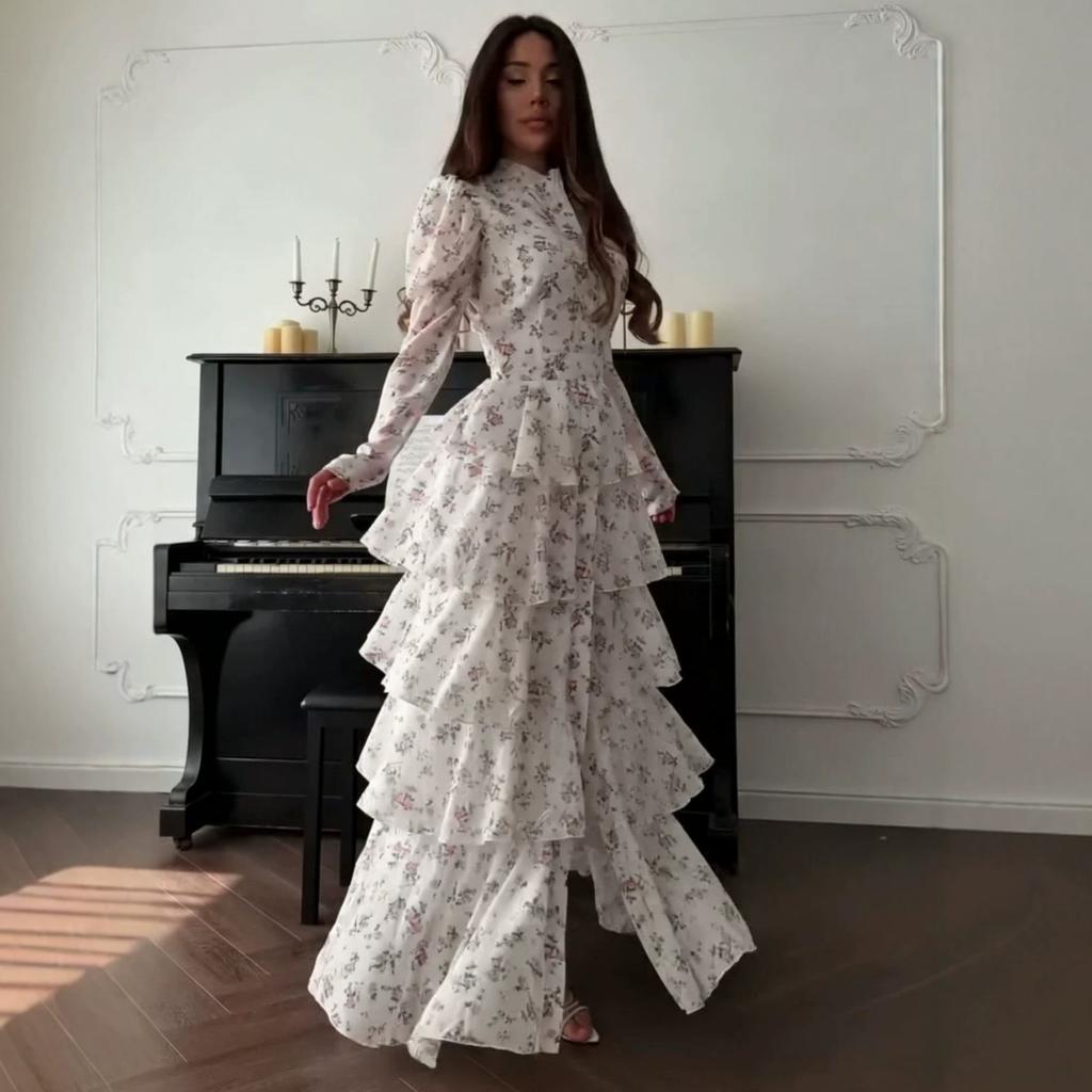 Women's Spring and Autumn New Standing Neck Long Sleeve High Waist Skinny Long Dress Casual Cake Dress Split Dress