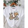 Europäische Größe Damen Kurzarm T-Shirt Weiß Fahrrad Blumen Schmetterling Druck 100% Reine Baumwolle Sommer Lässiges Oberteil für Freizeitkleidung Urlaub Reisen