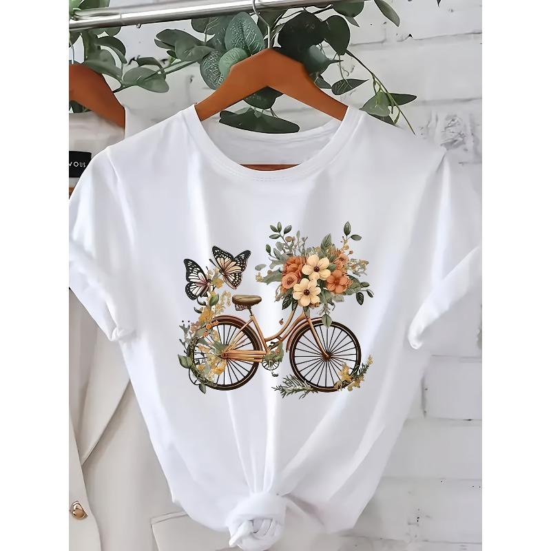 

European size Women Short Sleeve T Shirt White Bicycle Floral Butterfly Print 100 Pure Summer Casual Top for Casual Attire Vacation Travel 4XL білий