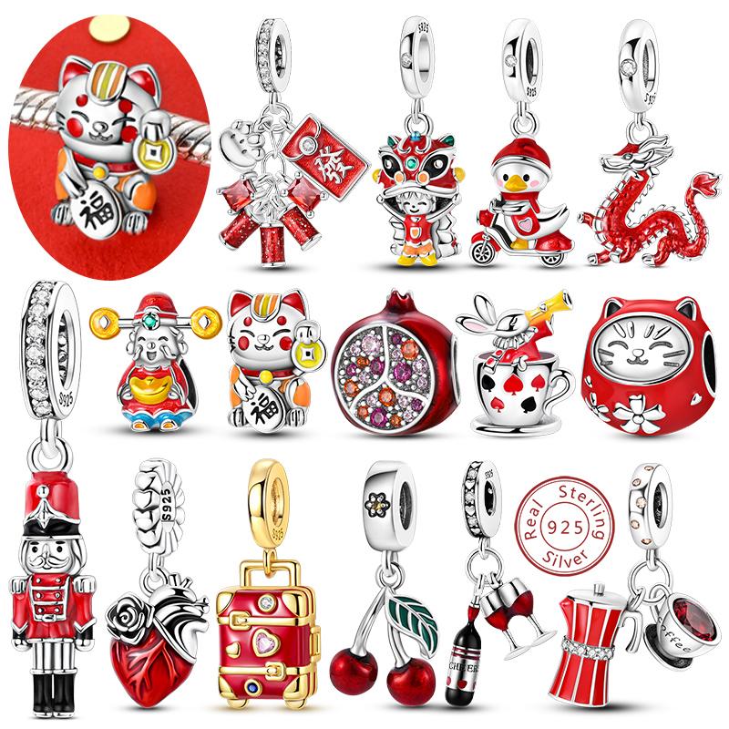 925 Silver Pendent Charm Red Series Cat Dragon Cherry Bead Pendant Fit Bracelet Necklace Womens DIY Charm Jewelry Gift