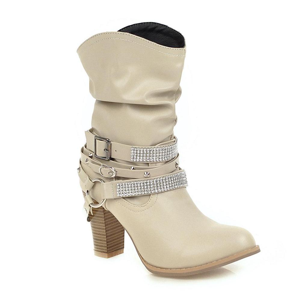 J/Winter New High Heel Thick Heel Round Toe Short Boots European and American Feng Shui Diamond Belt Decorative Women's Boots