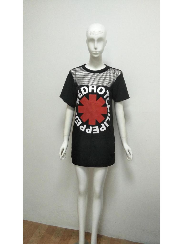 WISH European & American Fashion Mesh Round Neck Short Sleeve Band Print Long T-Shirt