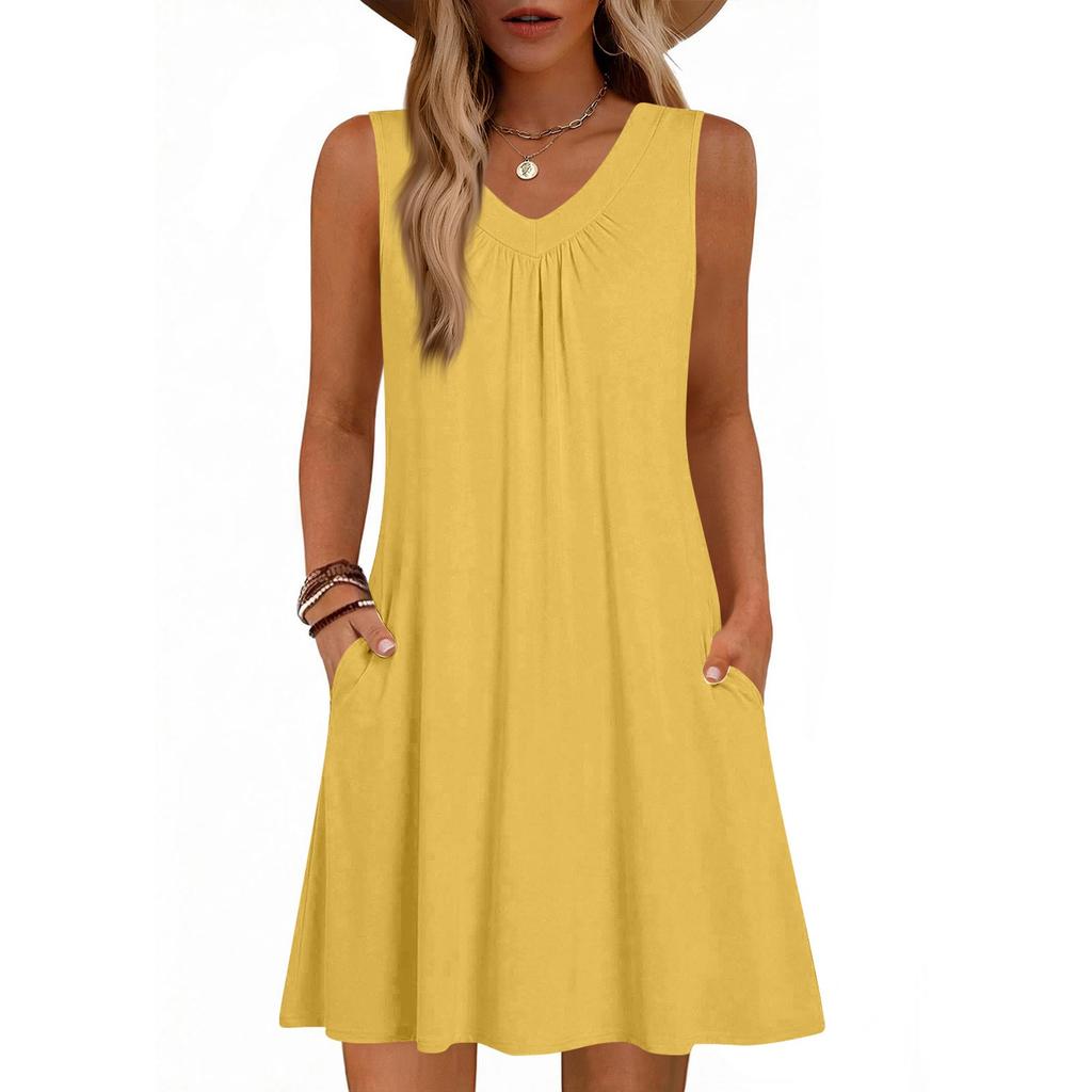 Women's Fashion Color Summer Sleeveless V-neck Vest Pocket Casual Loose Dress