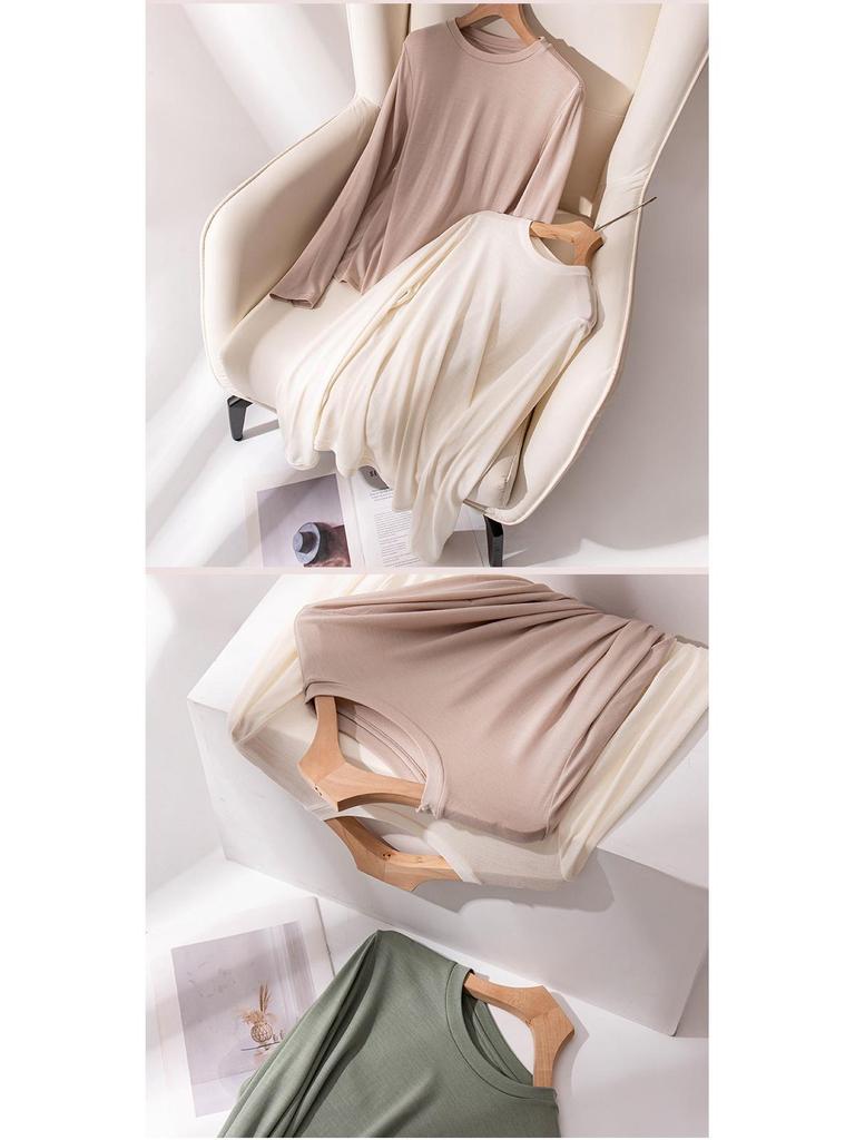 2025 Autumn Slimming Round Neck Silk Wool T-Shirt - Warm, Skin-Friendly, Solid Color