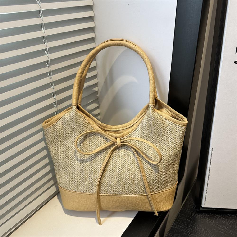 

Bow Tie Straw Shoulder Bag Large Capacity Women s Handbag Fashion Weaving Tote Bag Travel хаки