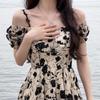 YYFS Women's Fashion Summer Spring Flower Pattern Print Short Sleeve High Waist Casual Dresses