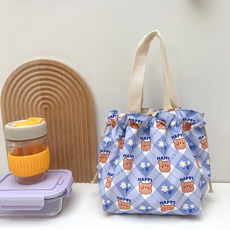 Cartoon Portable Lunch Drawstring Bag Student Kids Bento Pouch Dinner Box Women Work Canvas Food Tote For Travel Picnic