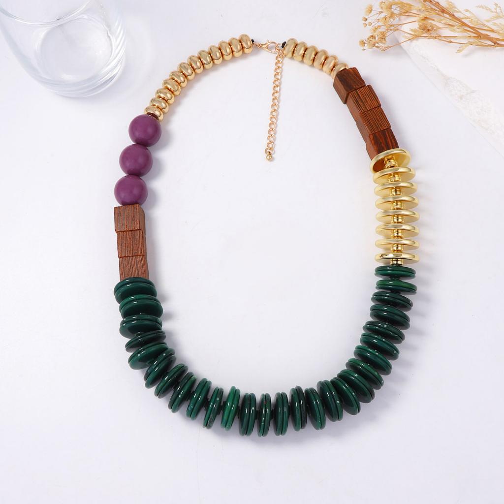 Exaggerated Casual Retro Literary Geometric Plastic Beaded CCB Wooden Square Splicing Necklace Women's Necklace