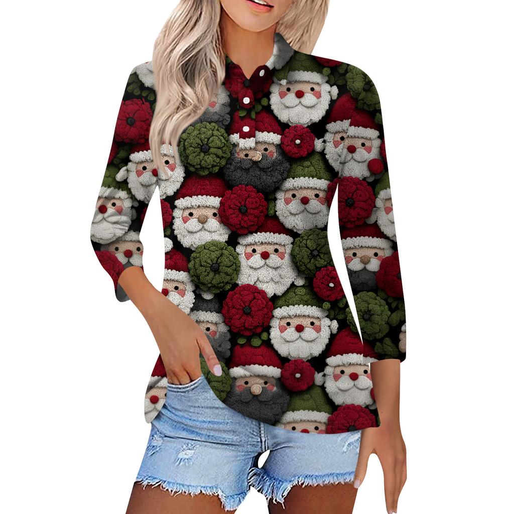 Women's Fashion Casual Button 3/4 Sleeve Vintage  Print Lapel Top