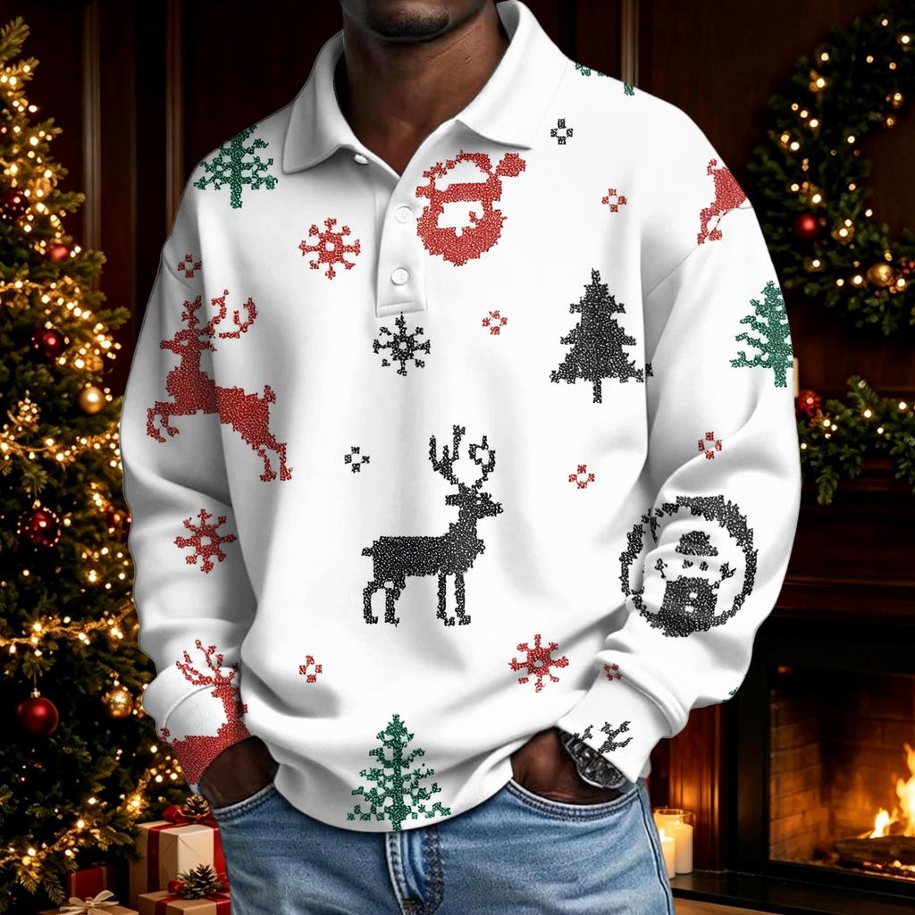 Men's Christmas Long Sleeve Button Up Shirt Casual Holiday Top