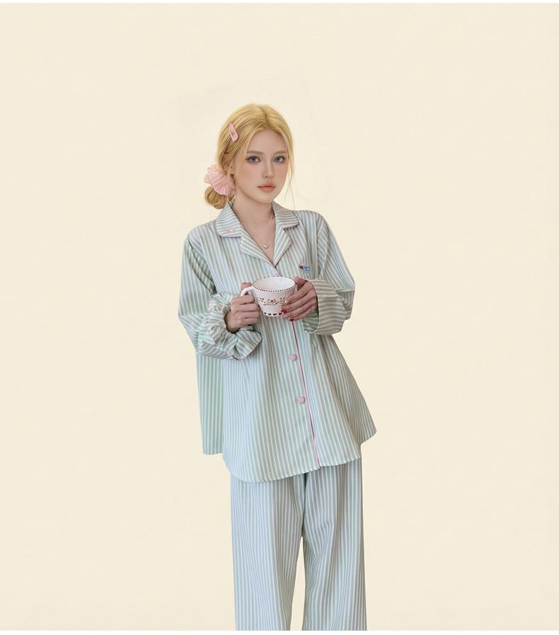 1011 new pure cotton pajamas women's spring and autumn long-sleeved loose striped suit women's cartoon loungewear can be worn outside