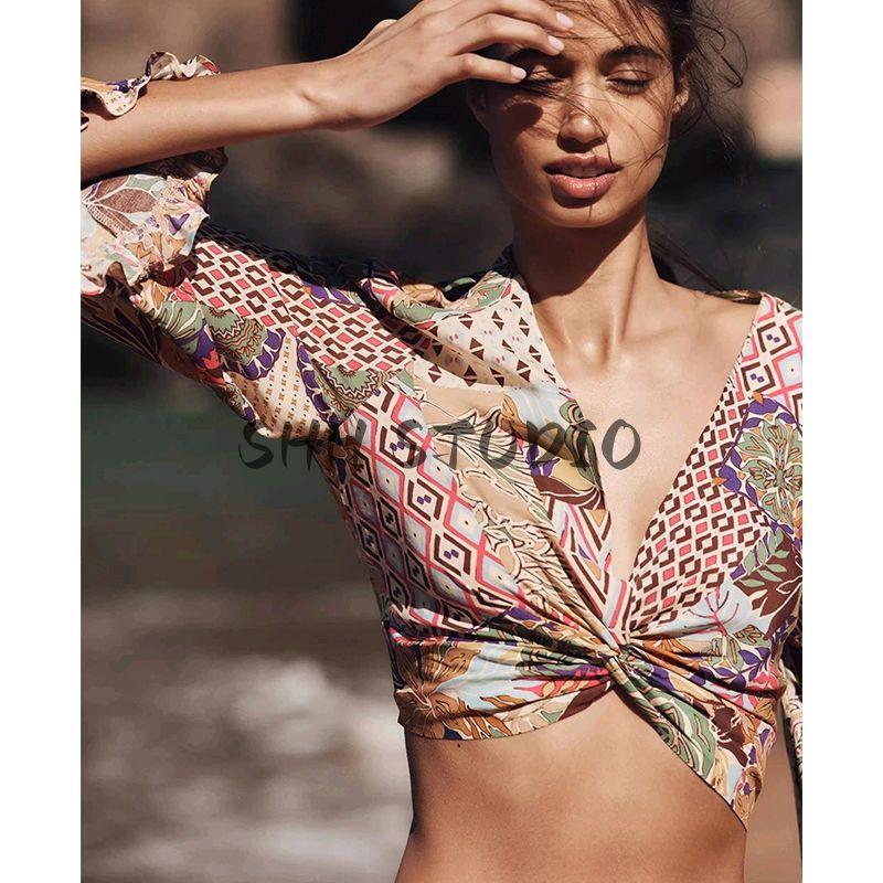 Holiday Style Print Long Sleeve V-neck Top 2880210 Print Loose High Waist Casual Trousers 2883210