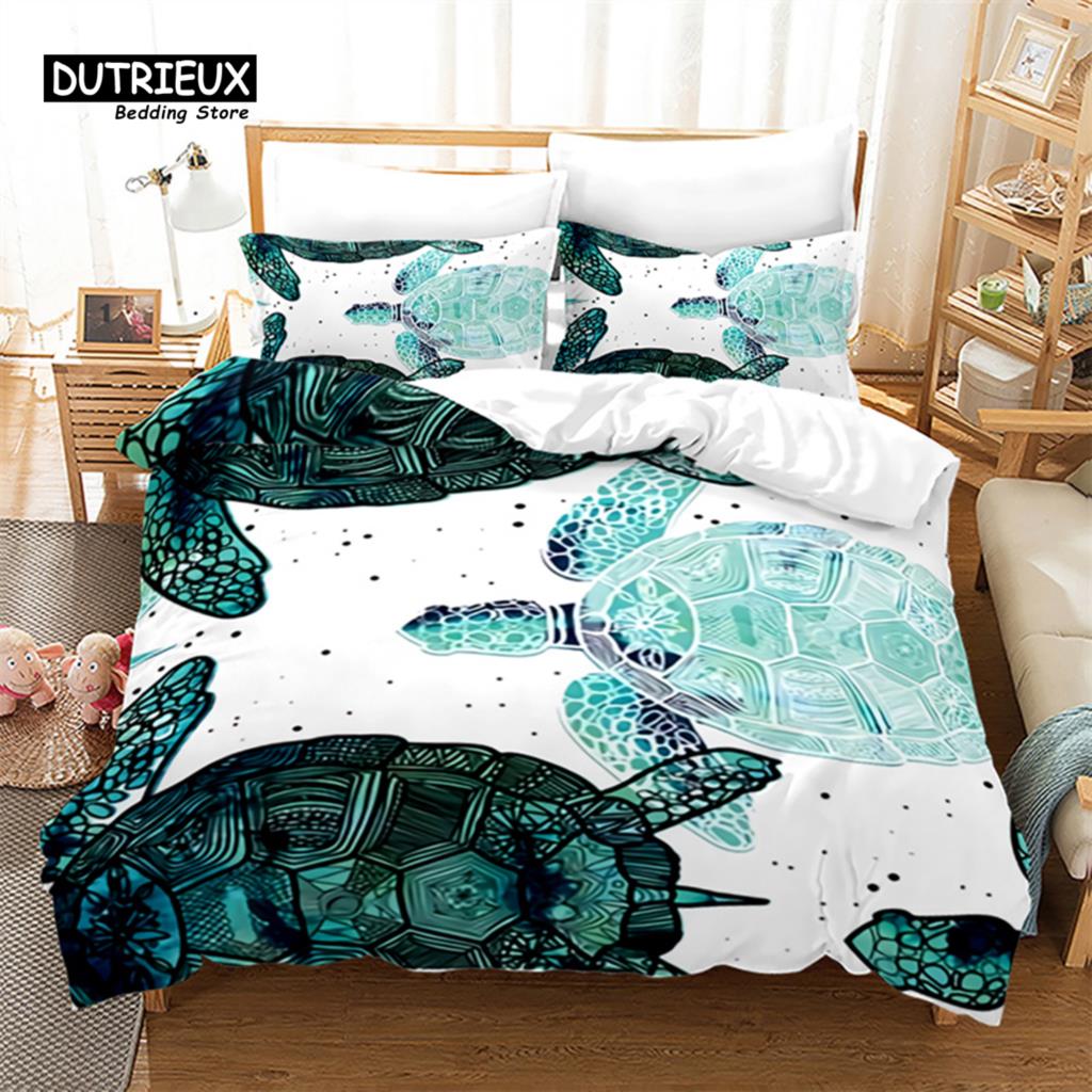 Sea Animal Duvet Cover Octopus Turtle Starfish Queen Bedding Set Microfiber Ocean Life Bedding Set King For Kids Boys Girls Teen