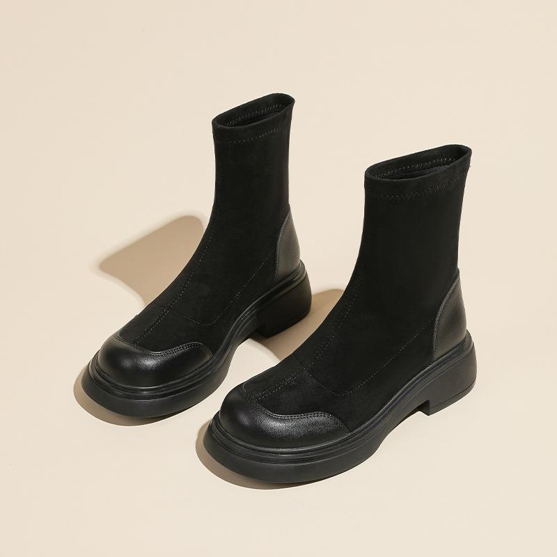 Slim Textured Suede Boots for Women New Retro British Style Round Toe Elastic Short Boots for Women Thin Boots