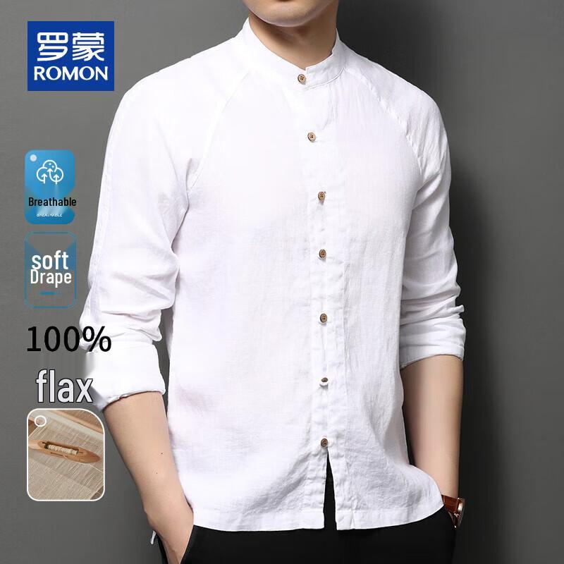 ROMON Men s 100% Linen Stand-Up Collar Long Sleeve Shirt XL