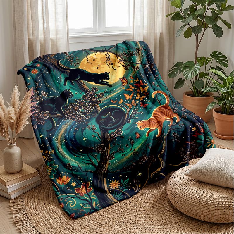 Neon Cats In Space Theme Blanket Lightweight Warm Flannel Blanket Decorative Throw Blanket for Home Decoration