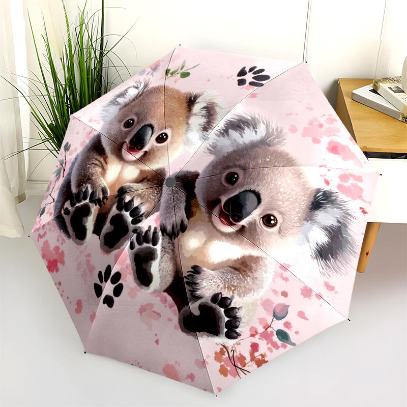 Fantasia koala rosa, ombrello pieghevole automatico, design portatile e pieghevole, 8 stecche, un regalo di Natale o di compleanno.