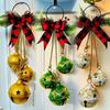 Christmas Bell Decoration 17.7" Hanging Jingle Bells with Plaid Bow Pine Needles Red Berries Rustic Holiday Decor for Door Wall Fireplace Christmas