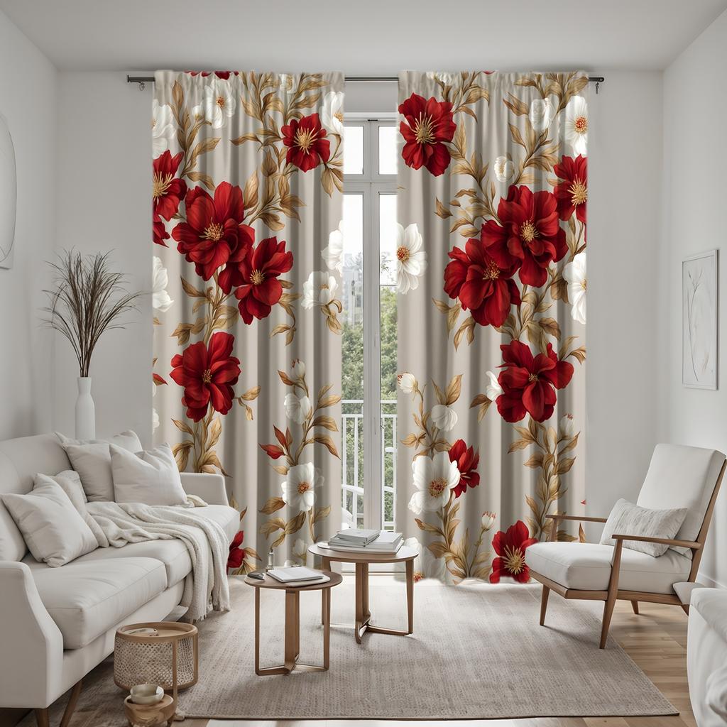 2-piece HD Digital Red Tie Bright Flower Curtain Home Decoration Style Decorate Living Room Bedroom Wear Rod Curtain Effect Styl