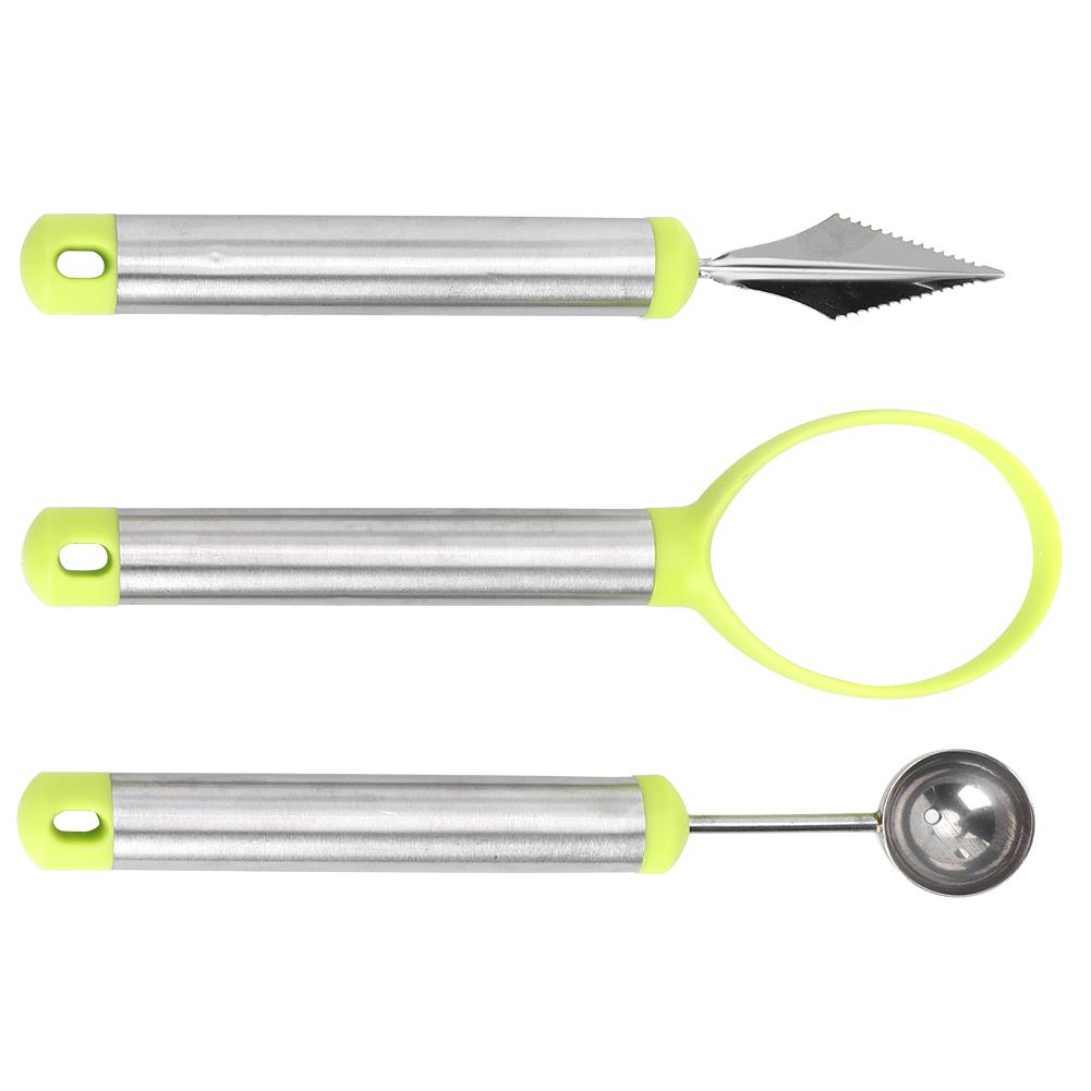 3pcs Multi Function Fruit Carving Device Wat Melon Scoop Melon Digg  Fruit Pulp   Removal Tool(3pcs Set GreenSilv )