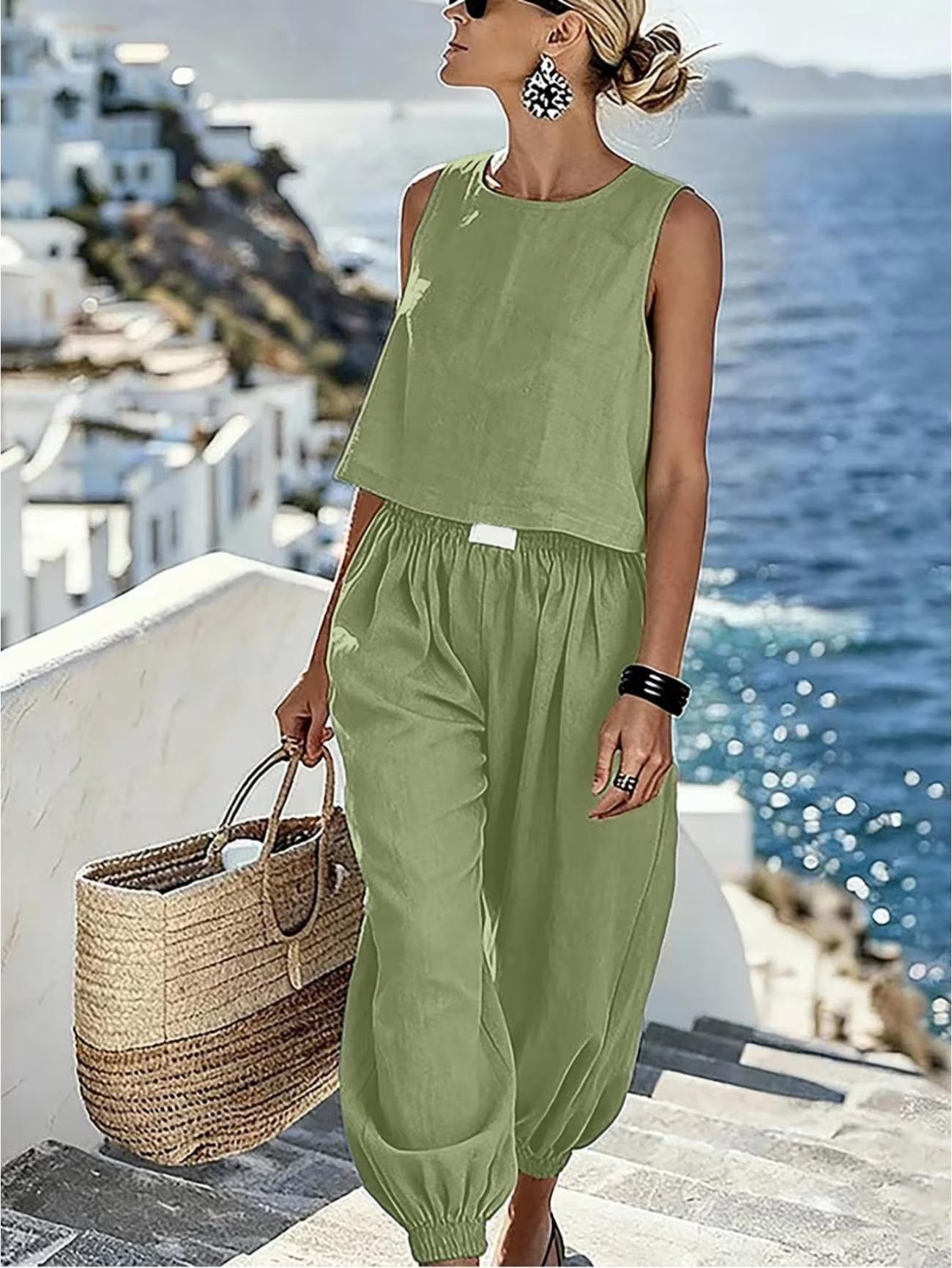 

Women Sleeveless Casual Top and Wide Leg Pants Two Piece Set Comfortable Loose Fit Lounge Wear Outfit for Daily Activities L зелений
