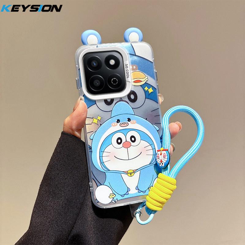 KEYSION Cute Ear Cartoon Case for HONOR X7c with Lanyard Soft Silicone+PC Shockproof Phone Cover for Huawei Honor 200 Smart 5G