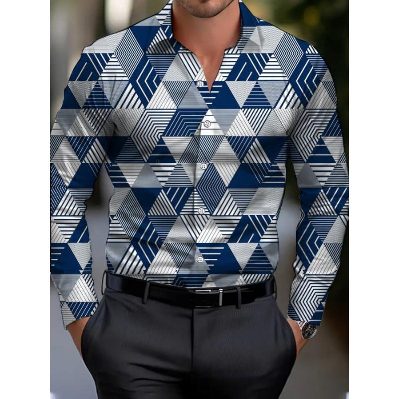 Men's shirt regular lapel shirt men's 3d printing irregular geometric printing casual street long sleeve fashion printed shirt