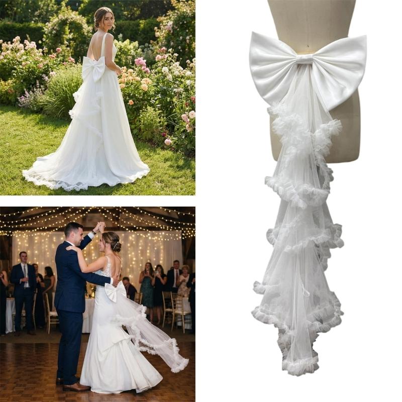 Classical Wedding Sash Bows Waist Decoration Large Bows Towing Multilayer Sheer Veil For Wedding Bride Waist Styling