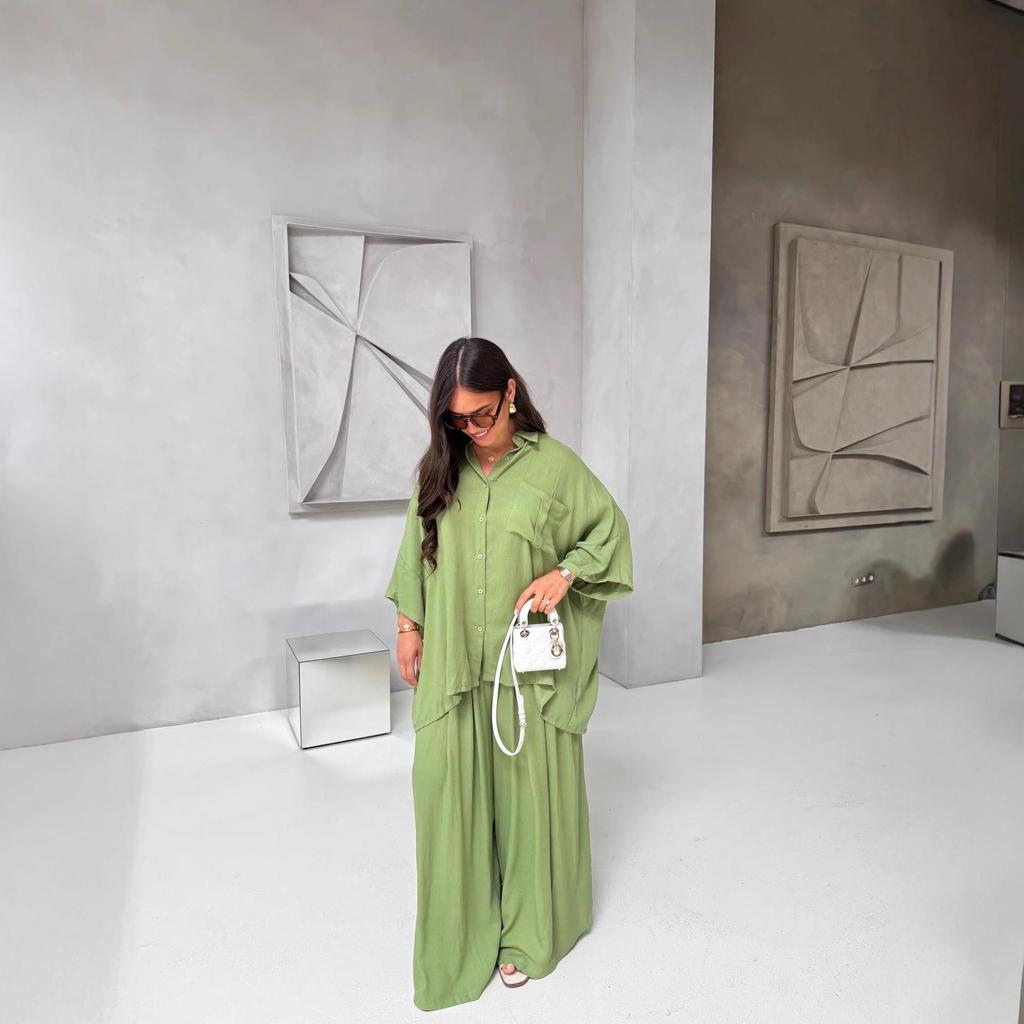 2025 Summer Yellow Pleated Women's Casual Shirt and Loose Pants Set - European and American Design.