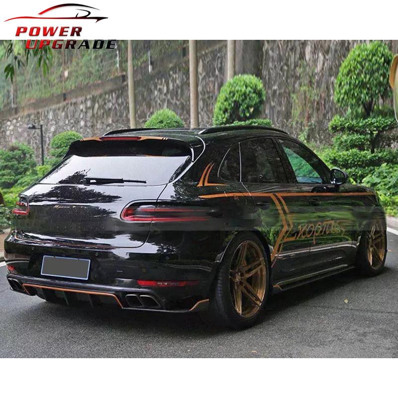 Porsche Macan Carbon Fiber Kit: AR Style Front Lip, Side Skirts, Rear Lip, and Corner Protectors.