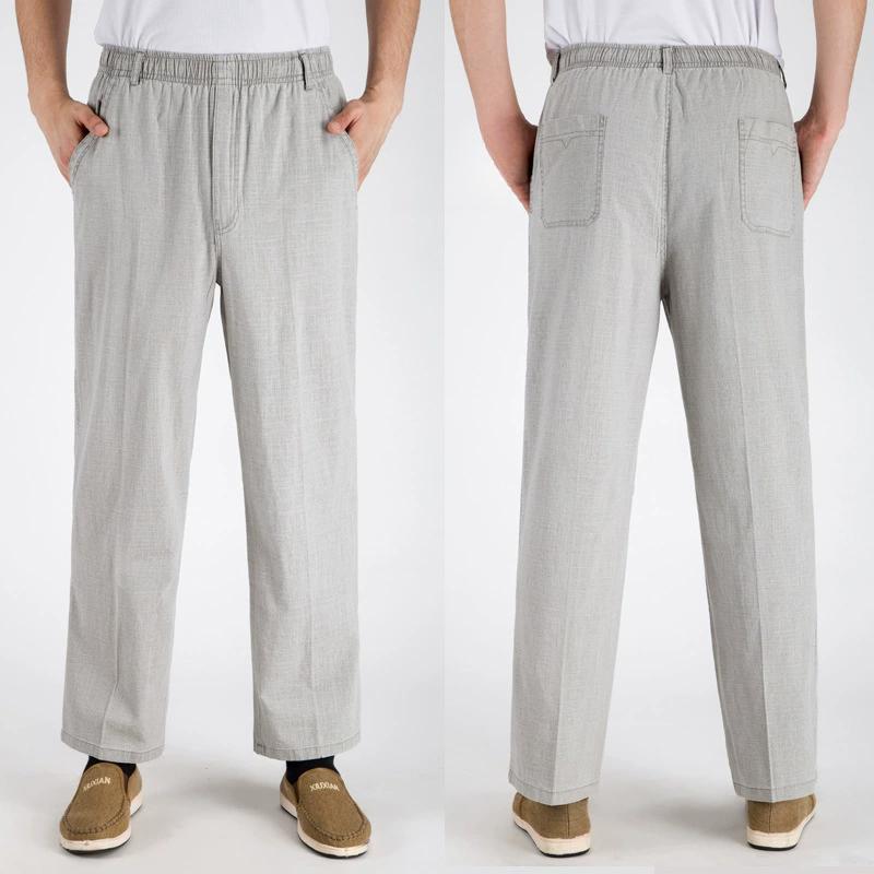Men's Summer Thin Linen Pants, Loose High Waisted Straight Leg Casual Pants, Breathable Middle-aged and Elderly Linen Pants