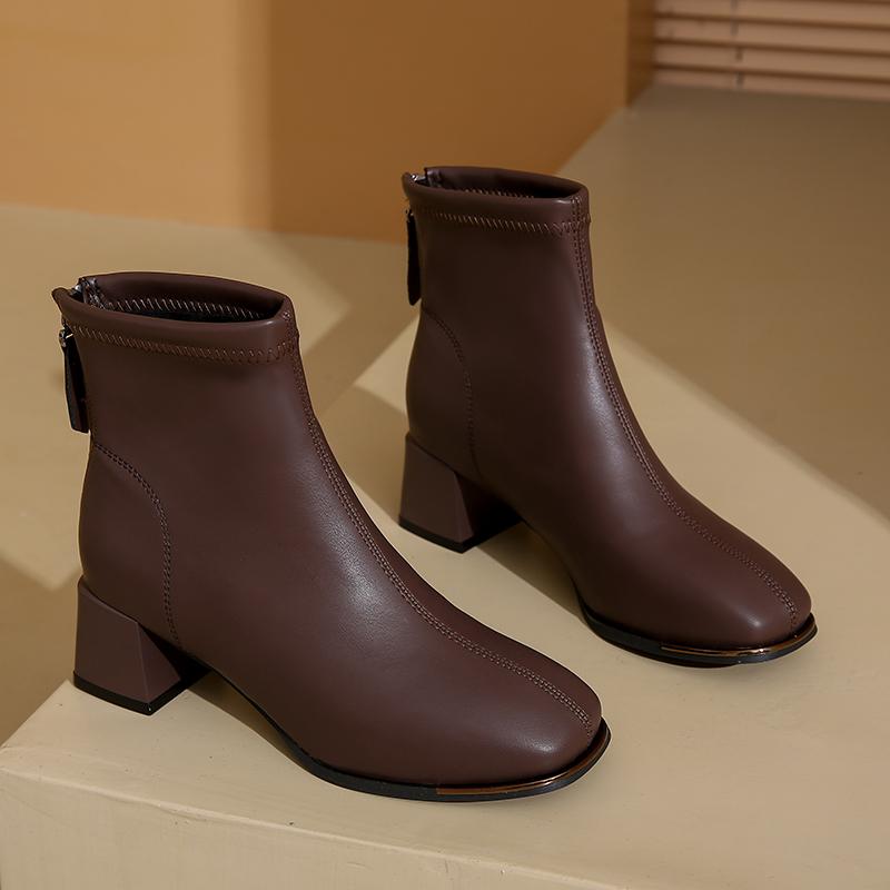 Autumn Winter Women Thick Heel Ankle Fashion Metal Square Toe Street Party Short Botas Mujer for Adult Women