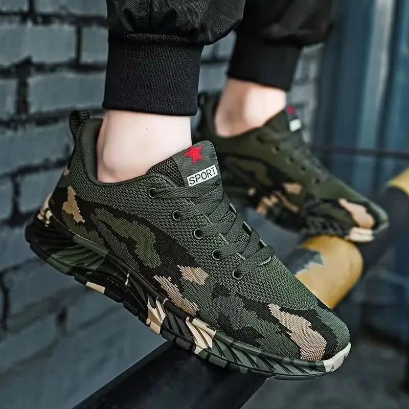 Scarpe Sportive in Rete Tessuta Volante, Scarpe da Uomo Camouflage Verde Militare, Scarpe Sportive da Esterno Antiscivolo e Resistenti all'Usura