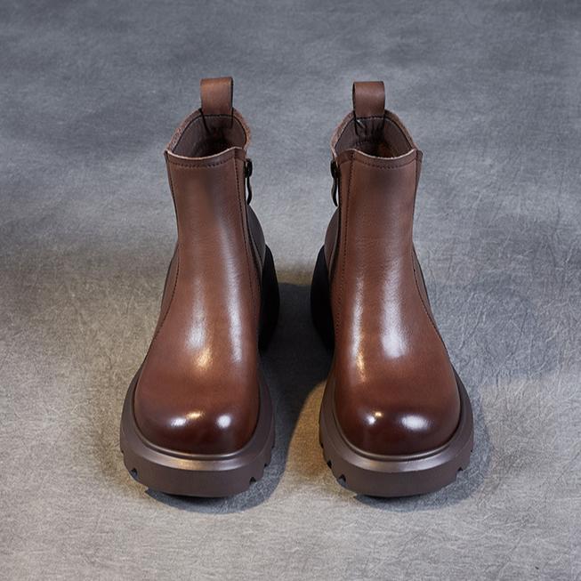 Johnature Thick Soled Genuine Leather Women's Boots British Style Round Toe Thick Heel Short Boots