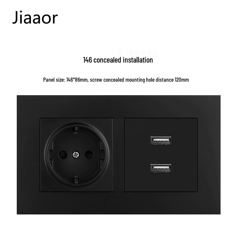16A Black European Double Gang German-Style Switch & USB/Type-C Socket for Concealed Installation