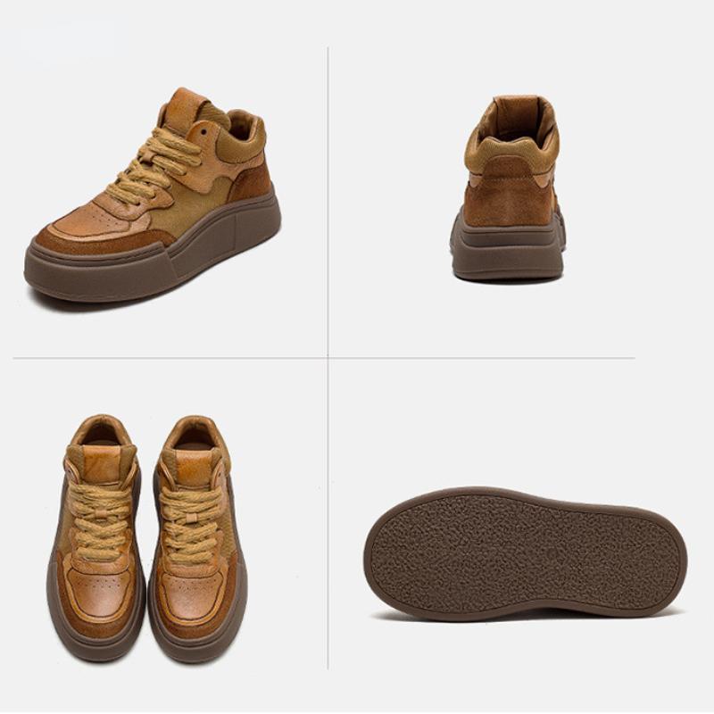 Johnature Chaussures plates décontractées à lacets en cuir véritable à semelles épaisses et bout rond pour femmes, chaussures à plateforme polyvalentes