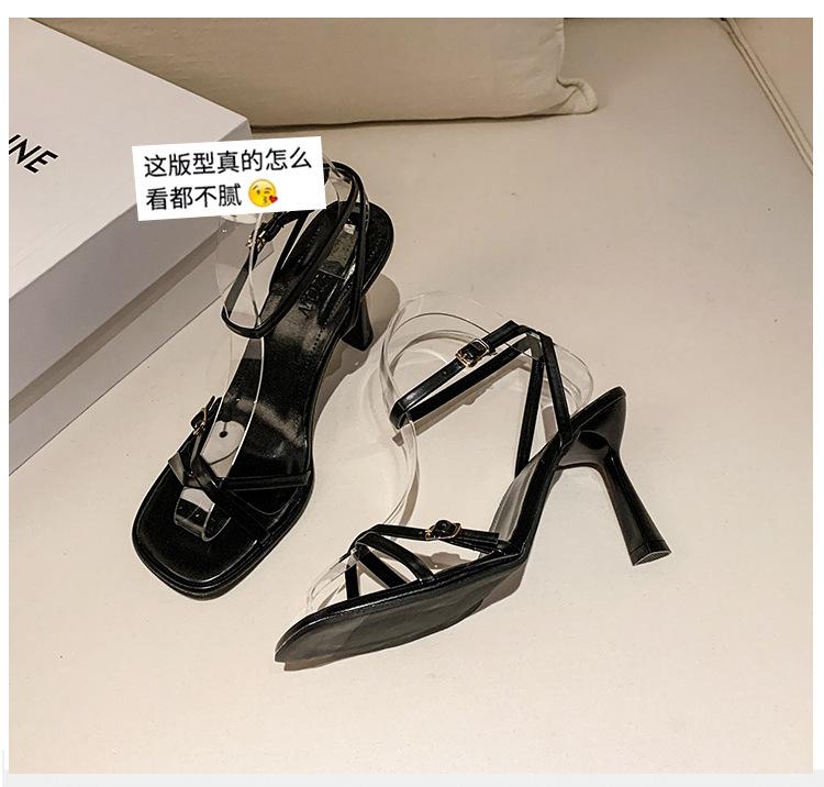 High-heeled Sandals Women's 2025 Summer New One-word Buckle Strap Square Head Thin Heel Temperament Fashion Sandals Women