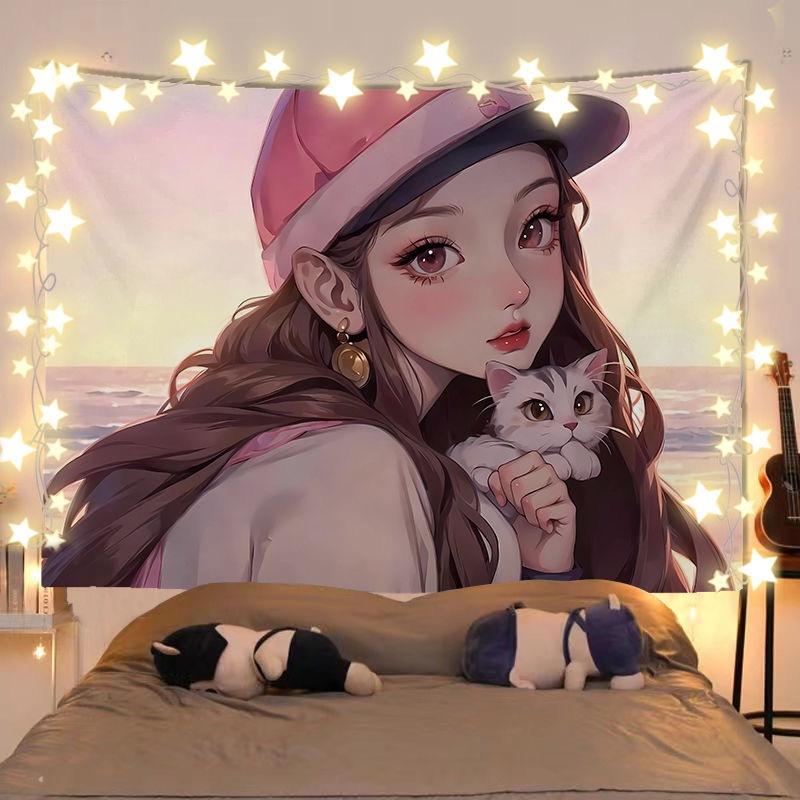 Anime Girl with Cat Tapestry Wall Hanging for Bedroom Living Room Dorm Aesthetic Cute Home Decor