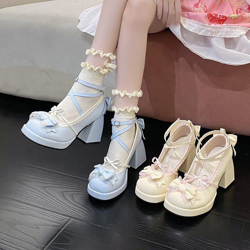 Japanese blue bow shoes high heels waterproof table sweet cute soft sister lolita children thick heel thick sole cloth