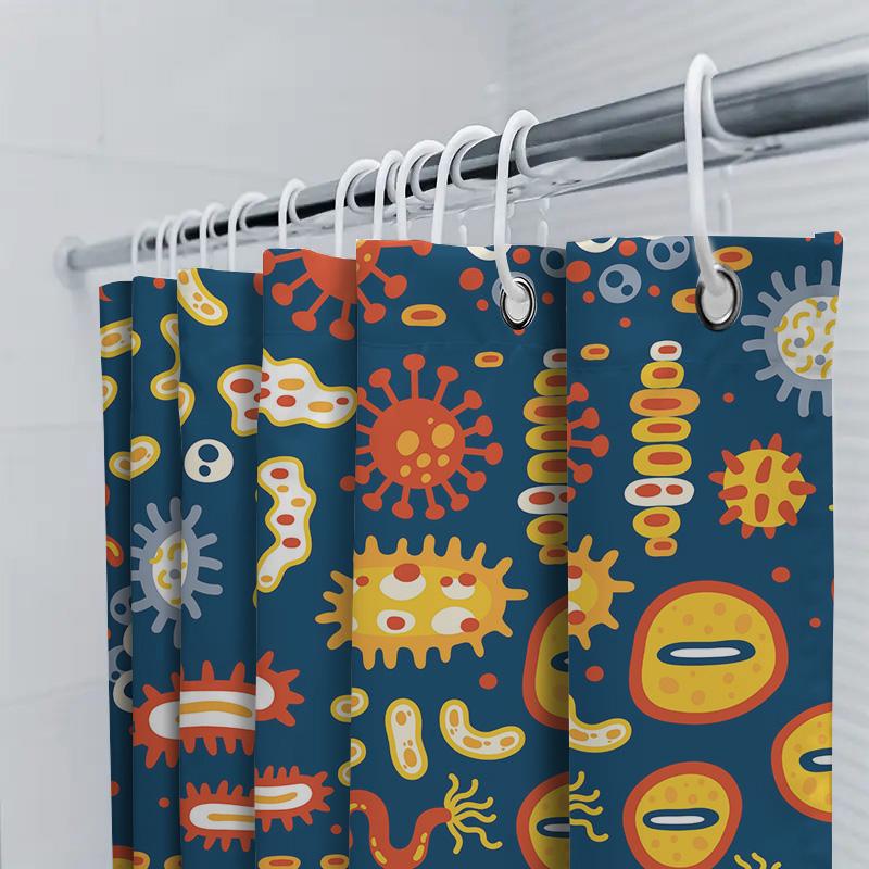 Modern Bathroom Shower Curtain Featuring Microbes Pattern Blue Backdrop With Red, Yellow White Stripes Decorative Waterproof Fab