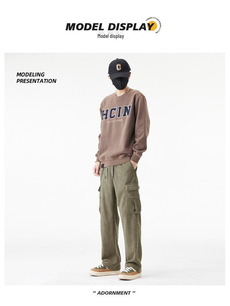 Men's Winter Corduroy Work Pants: Fleece-Lined, Thick, Loose, Wide-Leg, Straight Casual.