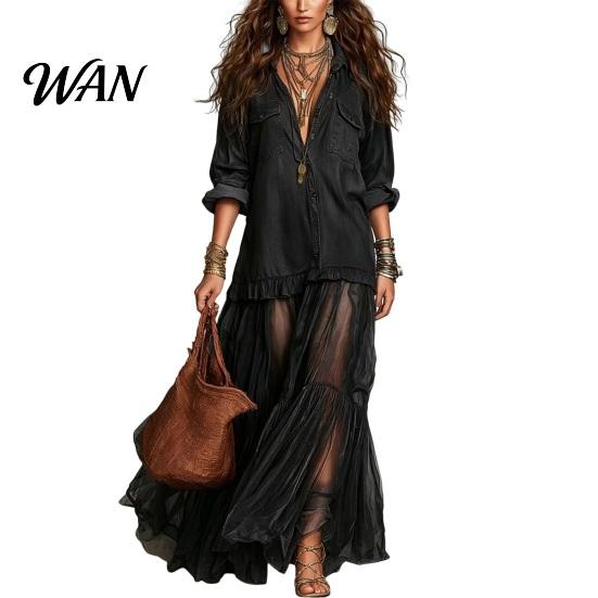 Stylish Women Sundress Women's Faux Denim Shirt Dress, Long Sleeve Mesh Patchwork Pleated Detail Dress Maxi Button Down Ruffle Sheer Printed