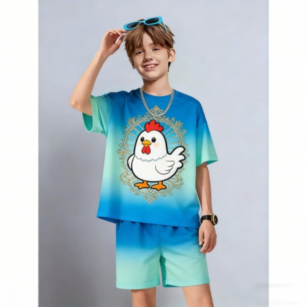 Kids Set Fashion Cartoon Chicken Printed Kids T-shirt and Shorts 2 Piece Set Summer Casual Outdoor Boys and Girls Outfit Kids Clothing