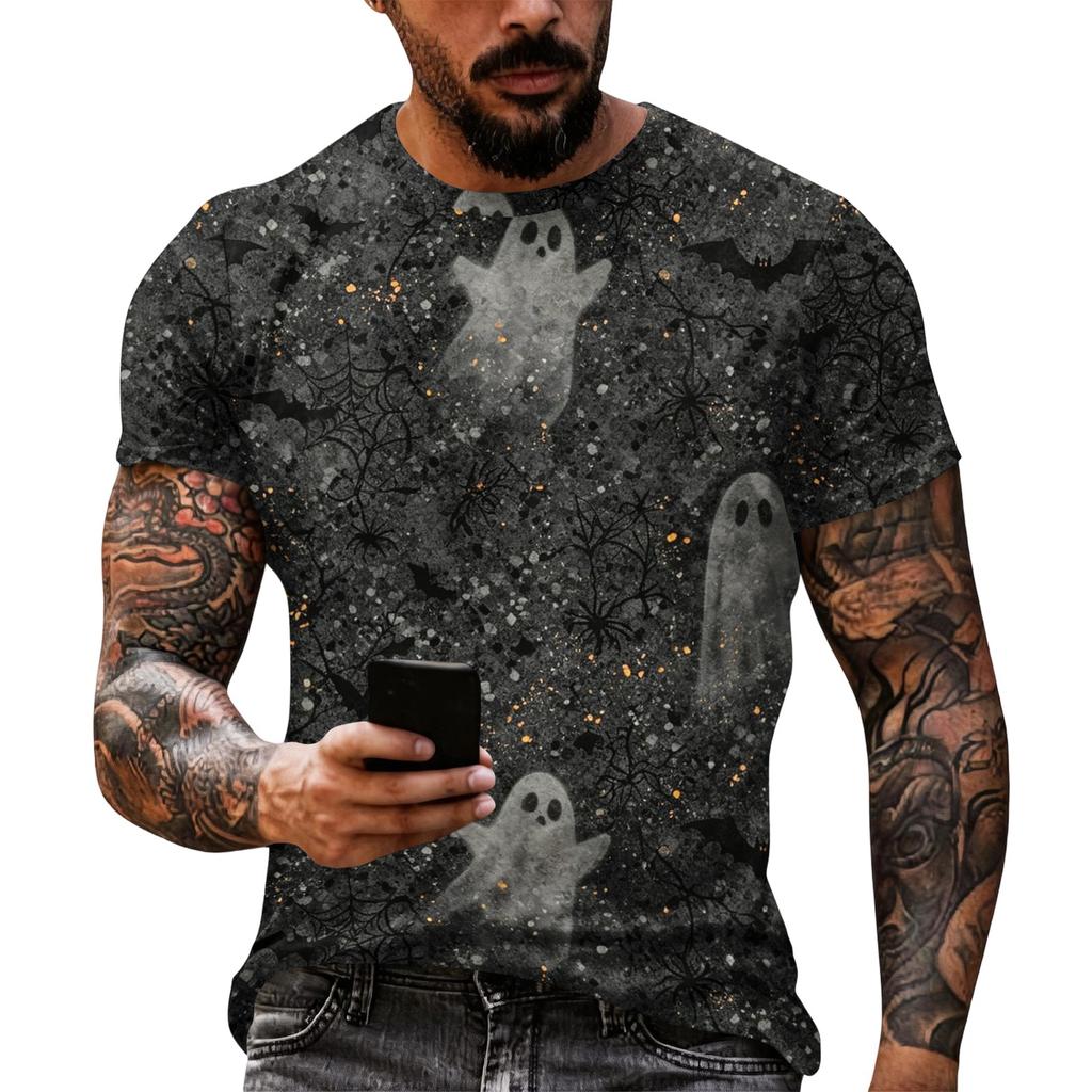 Men Halloween Graphic Short Sleeve T Shirt Casual Loose Fit Summer Daily Wear Top with Pumpkin and Spider Web Print