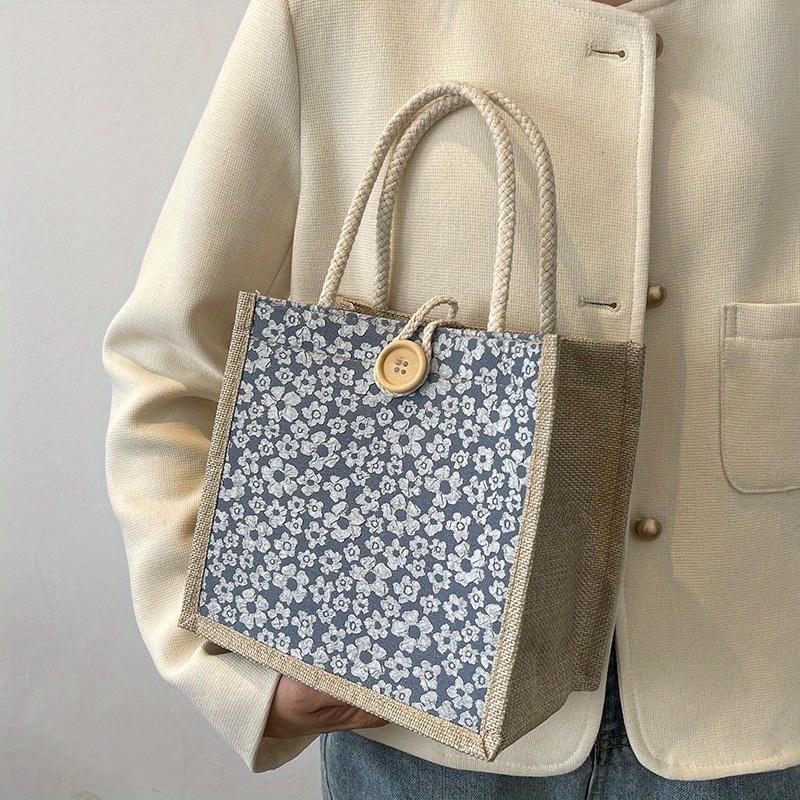 Tote Bags for Women - Floral Pattern Japanese-Inspired Handbag with Button Closure, Lightweight Fabric, Fixed Shoulder Straps