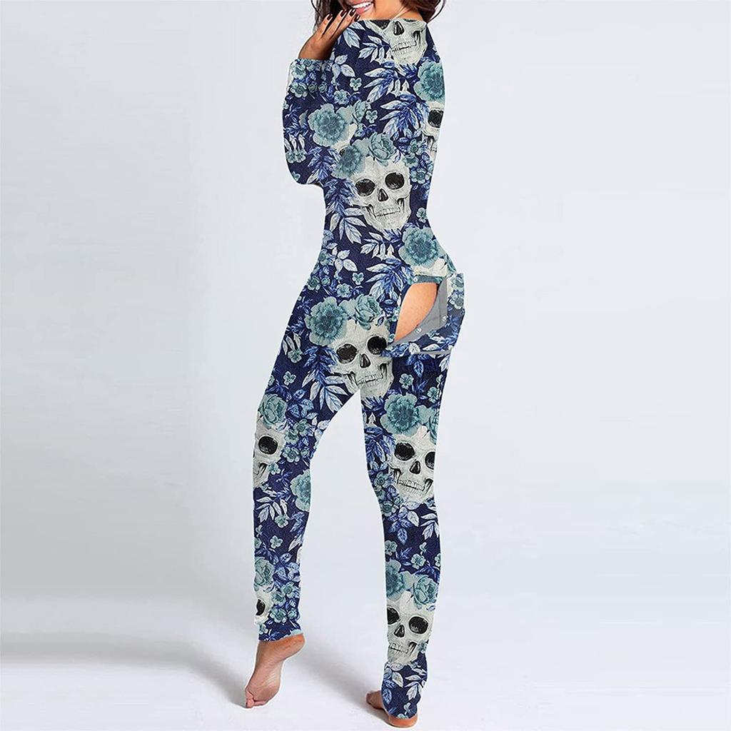 Women's Button-Down Halloween Print Functional Buttoned Flap Adults Jumpsuit