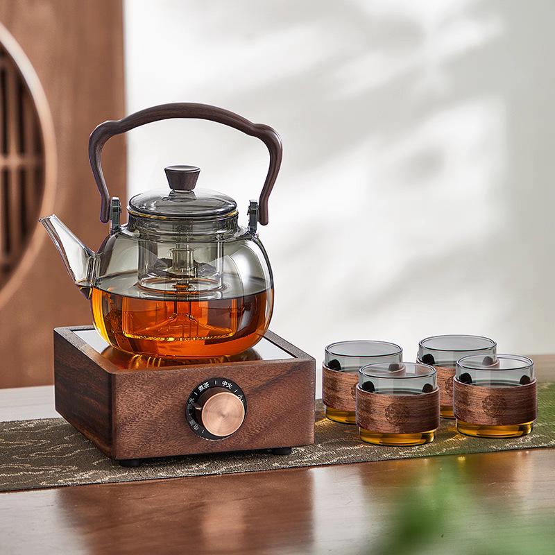 Walnut Wood Electric Ceramic Tea Brewing Set - Glass Kettle and Heat-Resistant Stove