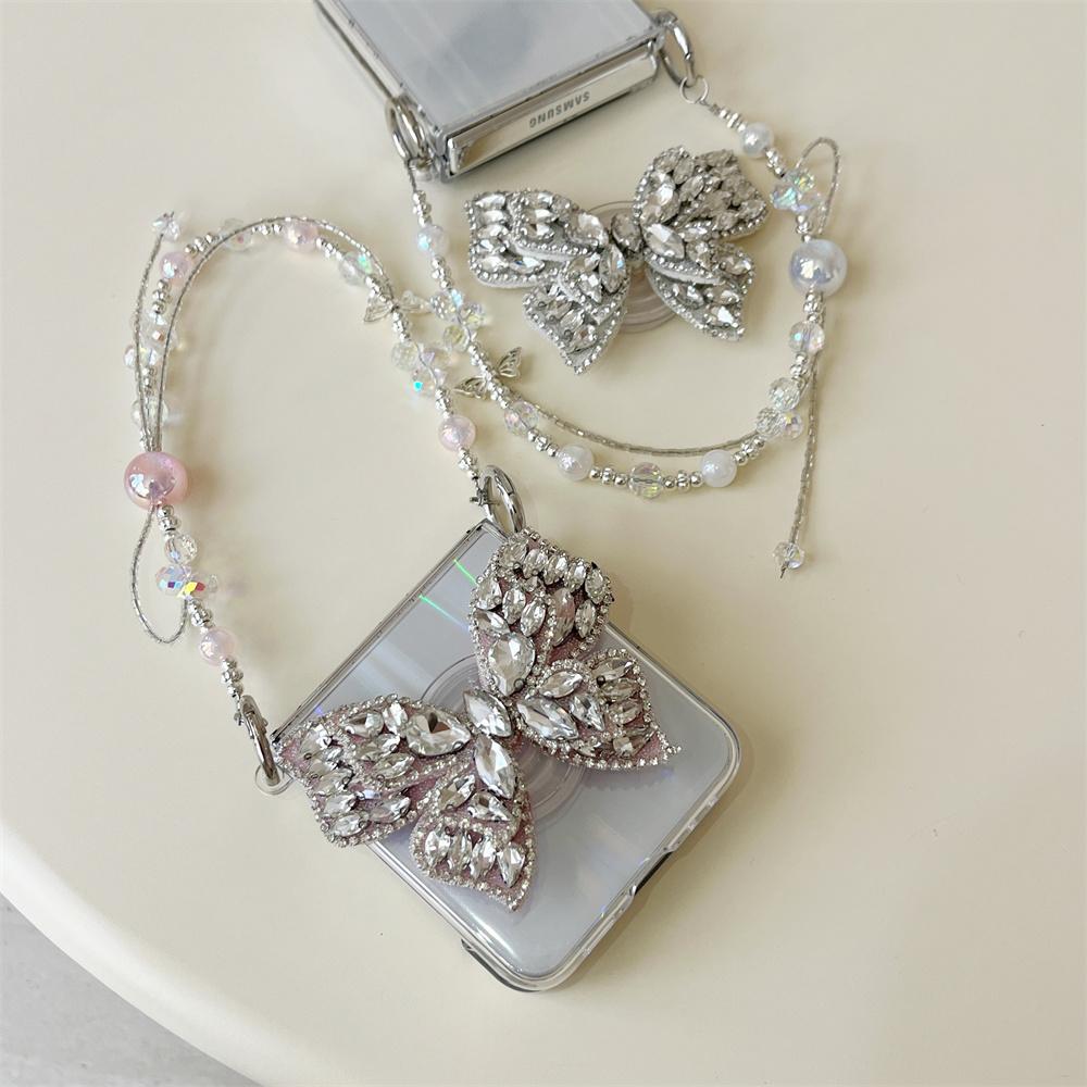 Luxury Glitter Pearl Lanyard Chain Phone Case For Samsung Galaxy Z Flip 6 5 4 3 Flip5 5G Shining Back Card Cover For ZFlip3 Flip