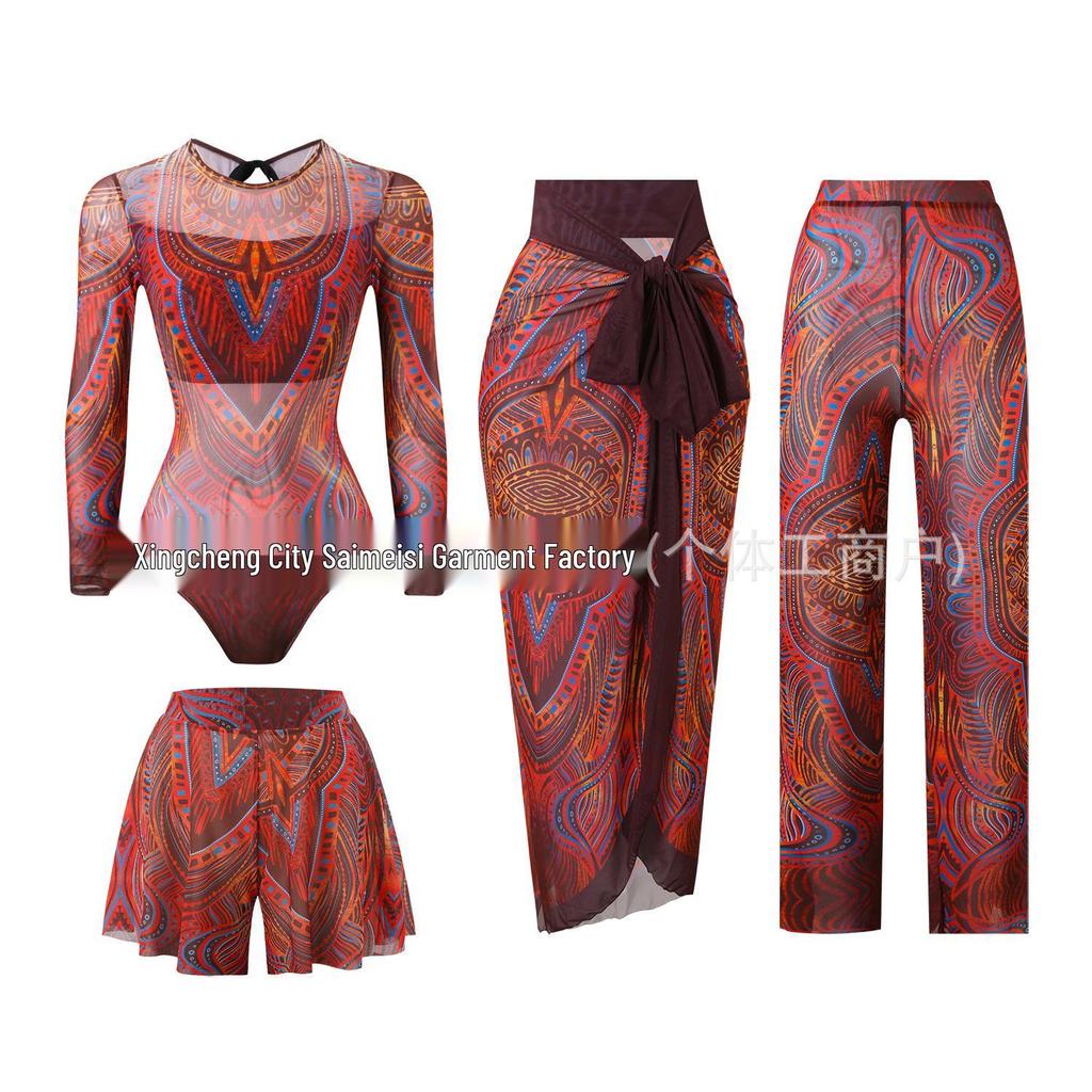 Women's Four-Piece Sun Protection Swimsuit Set with Long-Sleeved Top and Mesh Pants